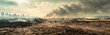 © Daniel - Desolate battlefield scene with trenches. Smoke, fire rise. Destroyed landscape after war. Earth, sky background. Disaster, crisis concept. Military conflict background.
