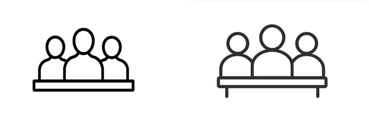 Poster - Four figures in a minimalist style sitting at a table representing collaboration and teamwork in a modern design