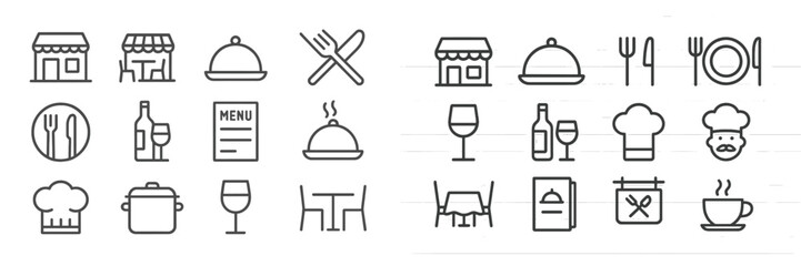 Poster - Collection of simple food and dining icons illustrating various restaurant elements and culinary activities