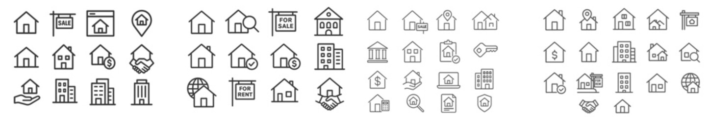 Poster - Collection of simple line icons depicting various real estate symbols used in housing and property contexts