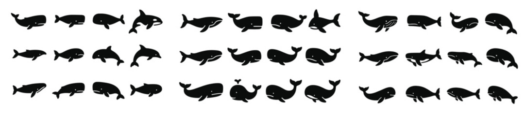 Poster - Various silhouettes of marine mammals including whales and dolphins in a repetitive design