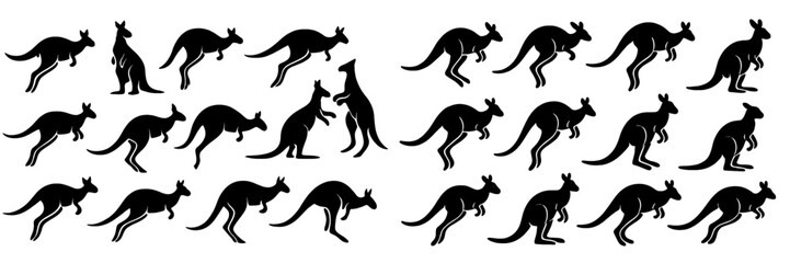 Aufkleber - Silhouettes of kangaroos in various poses showcasing movement and interaction in a graphic design format
