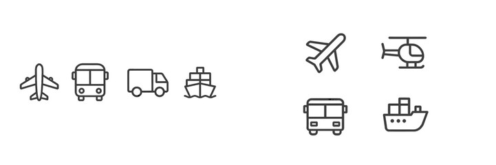 Aufkleber - Transportation icons representing various modes of travel including air, land, and sea in a minimalistic design