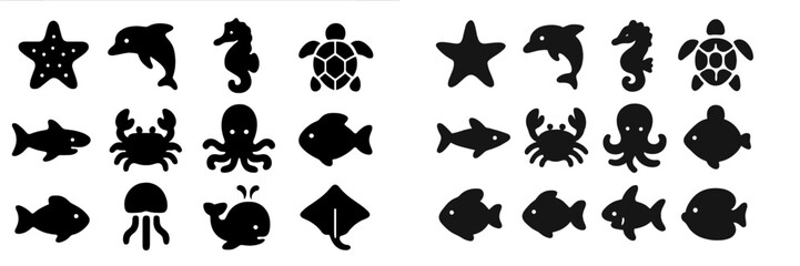 Poster - Collection of marine animal silhouettes featuring starfish, dolphins, and sea turtles on a simple background