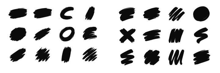 Poster - Creative black brush strokes arranged in various shapes on a white background for design projects and artistic expression