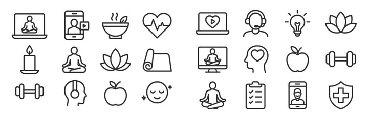 Poster - Wellness icons representing mindfulness, health, and fitness activities on a digital platform