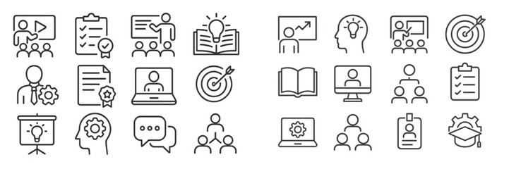 Poster - Collection of minimalist icons showcasing education, training, and collaboration activities in a professional setting