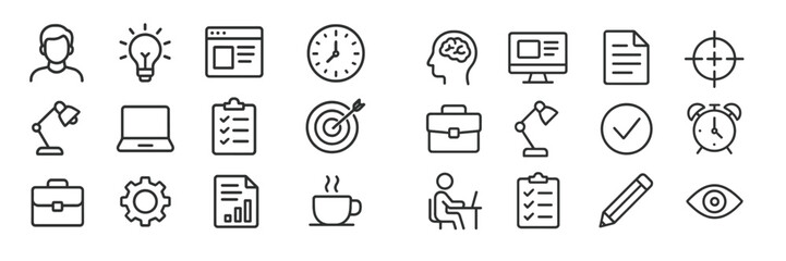 Fototapete - Various minimalistic icons representing work, creativity, and time management in a monochrome design
