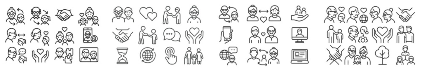 Fototapete - Diverse representations of community engagement and collaboration through simple line icons showcasing various activities