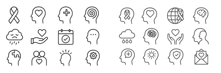 Aufkleber - Collection of simple line icons representing mental health awareness and support in an abstract design