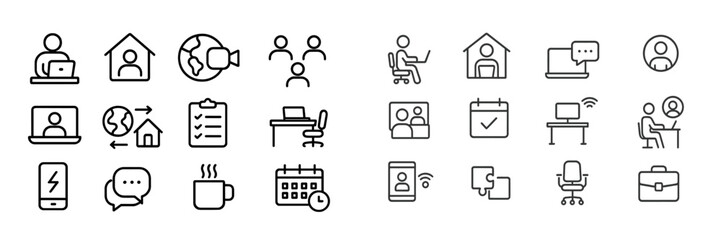 Aufkleber - Outline of remote work concepts including technology, communication, and home office activities in a minimalist style