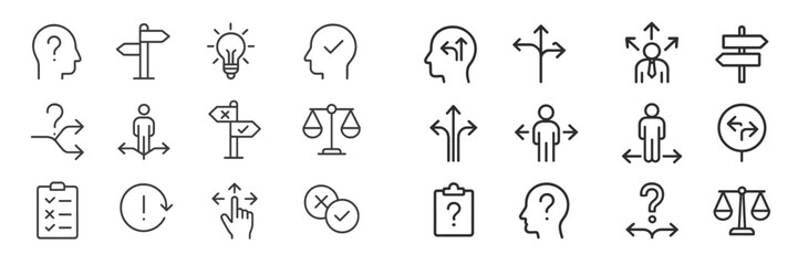 Aufkleber - Multiple icons representing decision-making, directions, and problem-solving in a minimalist style