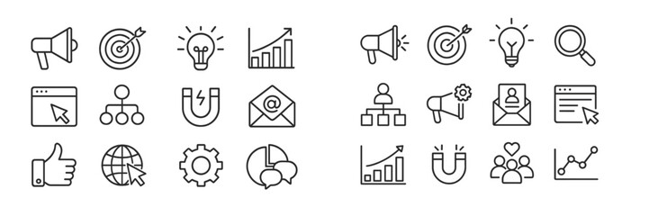 Aufkleber - Collection of simple line icons depicting marketing strategies and business concepts in a minimalistic style