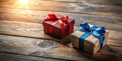 Poster - Two elegantly wrapped presents with vibrant ribbons rest on a rustic wooden surface, bathed in warm sunlight.