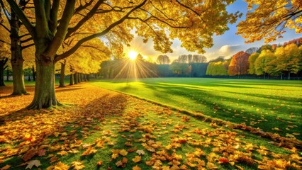 Aufkleber - Golden Autumn Sunlight Illuminates a Park's Lush Green Lawn and Canopy of Yellow Leaves