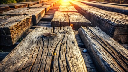 Aufkleber - Golden Hour Illumination on Weathered Wooden Planks, Showing Texture and Grain Detail
