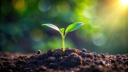 Poster - A tiny sprout emerges from rich soil, bathed in the warm glow of sunlight, symbolizing new life and growth in a vibrant natural environment.