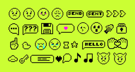 Fototapete - Set of pixel art speech bubbles and icons. Retro game style dialogue box and elements vector collection. Pixels Y2k trendy playful stickers. 8bit. Mood of 90's aesthetics