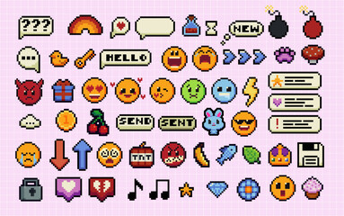 Fototapete - Set of pixel art speech bubbles and icons. Retro game style dialogue box and elements vector collection. Pixels Y2k trendy playful stickers. 8bit. Mood of 90's aesthetics