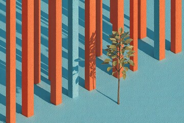 Poster - Colorful geometric landscape with orange pillars and a solitary green tree on a blue surface