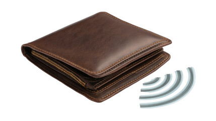 Poster - Closed brown leather wallet with zipper and wifi symbol representing electronic money transfer, online payment, and expenditure with transparent background