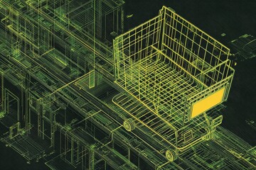Poster - Digital design of a shopping cart integrated into an abstract shopping environment with grid lines and neon colors