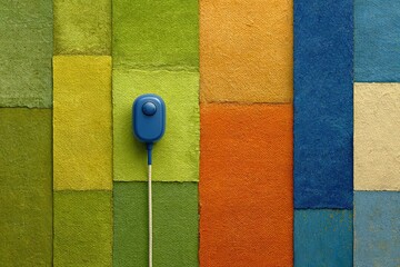 Poster - Colorful wall with blue switch against vibrant patchwork during daylight