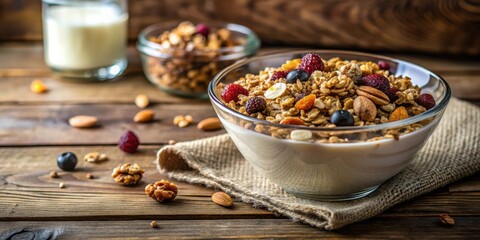 Poster - A delightful bowl of granola with mixed berries, nuts, and dried fruits, served with milk, sits on a rustic wooden table next to a glass of milk and an additional bowl of granola.