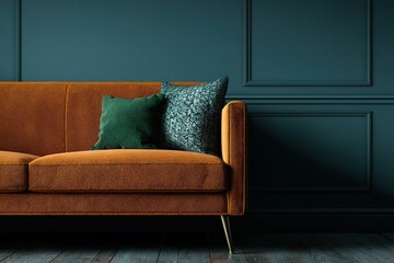 Poster - Stylish orange sofa with patterned cushions against a dark blue wall in a modern living room setting