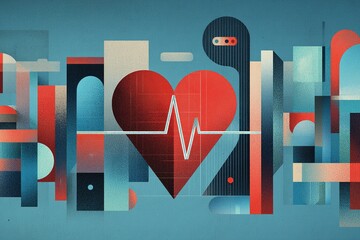 Poster - Abstract heart illustration with heartbeat line and geometric shapes representing health and wellness