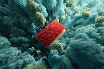 Poster - Colorful brush surrounded by fluffy textures in a surreal 3D environment showcasing vibrant hues and imaginative design