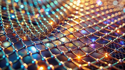 Poster - Intricate Metallic Lattice Network with Illuminated Nodes and Bokeh Background