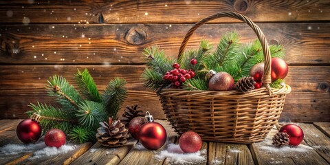 Aufkleber - Rustic Winter Basket Filled with Festive Evergreens, Ornaments, and Pinecones on a Weathered Wooden Surface