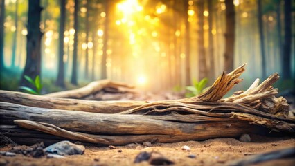 Poster - Golden Hour in the Woods Sunlit Fallen Logs on Sandy Forest Floor