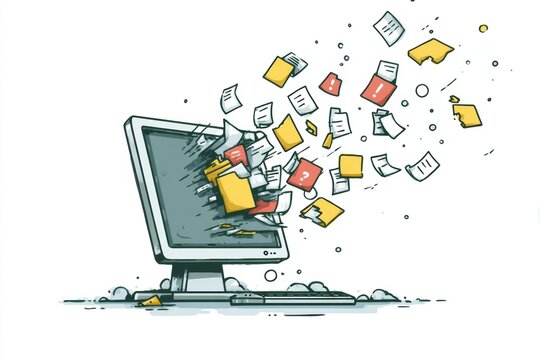 Crashed Computer With Flying Files and Exclamation Marks in a Chaotic Digital Disruption Visualization