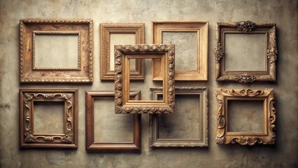 Aufkleber - A Collection of Ornate Empty Wooden Picture Frames Arranged on a Textured Background