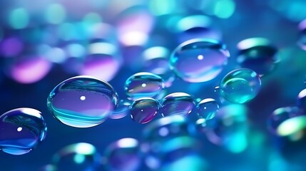 a hyper-realistic macro of indigo and teal oil droplets with tiny, crystal-clear air bubbles gently 