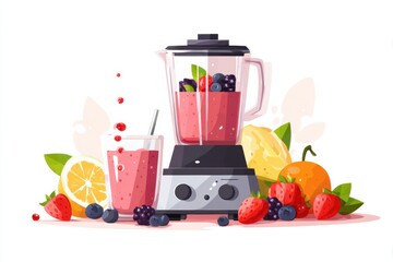 Aufkleber - Fruit Smoothie Preparation With Blender and Fresh Berries on a Clean Surface