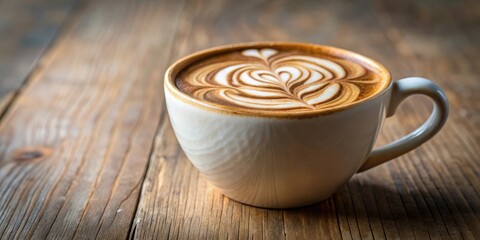 Aufkleber - Aromatic Coffee Drink with Intricate Latte Art in a Ceramic Mug on a Rustic Wooden Surface