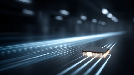 Poster - Futuristic microchip with glowing neon blue circuits embedded on dark metallic surface, hightech digital component with intricate textures and soft light reflections, emphasizing advanced technology 