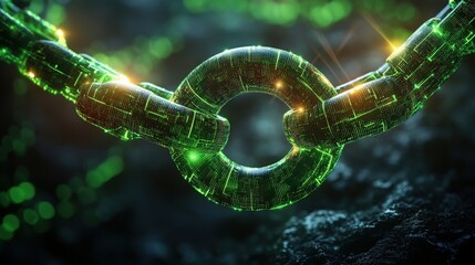 Poster - Highly detailed digital illustration of a futuristic glowing green cyber chain link symbolizing technology and innovation