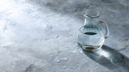 Poster - Crystalclear water in sleek glass pitcher with condensation droplets on a minimalist white table, illuminated by soft natural light for a refreshing and clean aesthetic with ample copy space