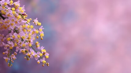 Poster - Closeup of vibrant purple and yellow wildflowers with soft daylight highlighting their delicate textures, isolated on a blurred pastel background for floral design use