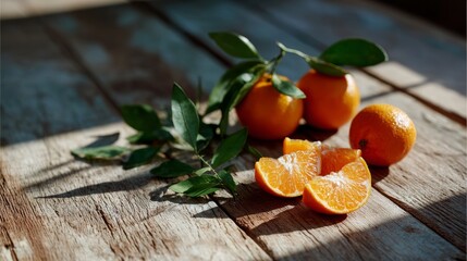 Aufkleber - Closeup of fresh orange slices and whole oranges with green leaves on rustic wooden table illuminated by warm sunlight, vibrant citrus colors, natural textures, and inviting fresh ambiance