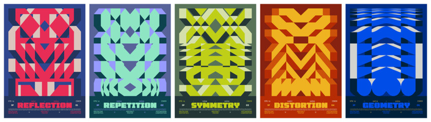 Poster - Postmodern symmetry abstract 3d geometric ornament in brutalism aesthetics, Colorful vector trendy modern isometric mosaic pattern, A4 bold minimalistic poster, composition distortion brutal elements
