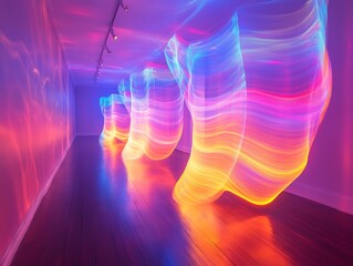 Poster - Captivating neon light trails adorn gallery space, creating vibrant experience