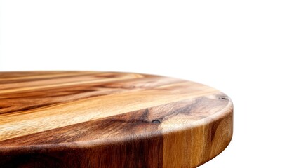 Poster - Closeup of rustic round wooden table with natural grain finish, isolated on white background with subtle shadow highlighting texture and warm tones