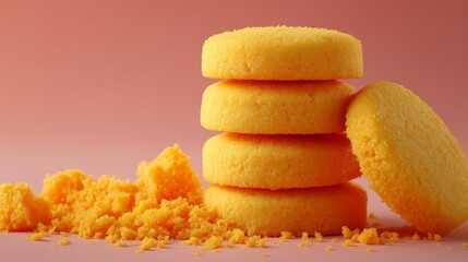 Poster - Closeup of golden shortbread cookies stacked on soft peach background with crumbs scatter and bright natural light