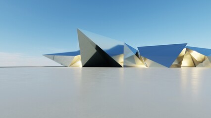 Aufkleber - 3d illustration of abstract modern architecture background, Minimal geometry architectural design, Car presentation backdrop with empty concrete floor, Geometric metal building design