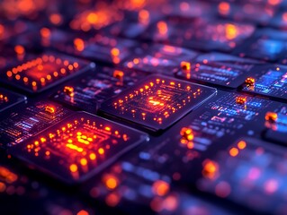 Poster - Intricate arrangement of illuminated microchips evoking technological progress